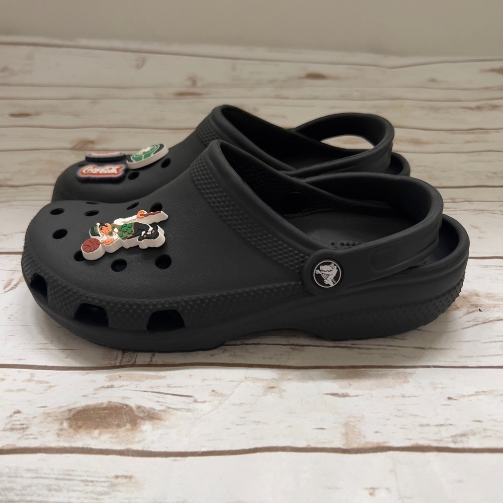 Crocs Classic Junior Size Clogs Black Celtics Coca-Cola Charms Size J6